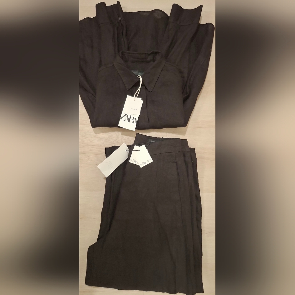 Zara Women's Chocolate Brown Linen Shirt And Pant  High-Waist Barrel leg